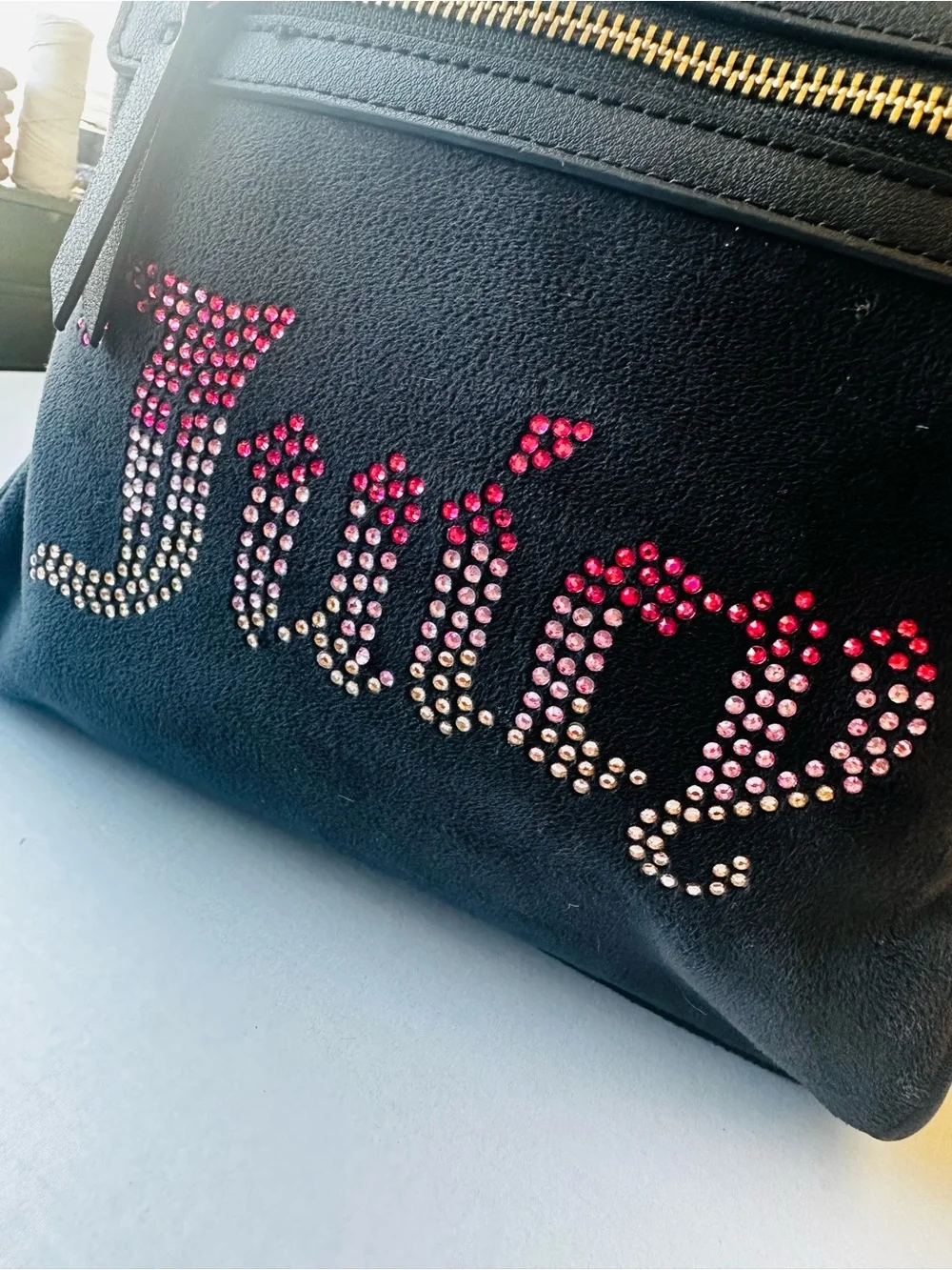 Juicy Couture Black Velour Mini Backpack Pink Crystal Logo Y2K McBling